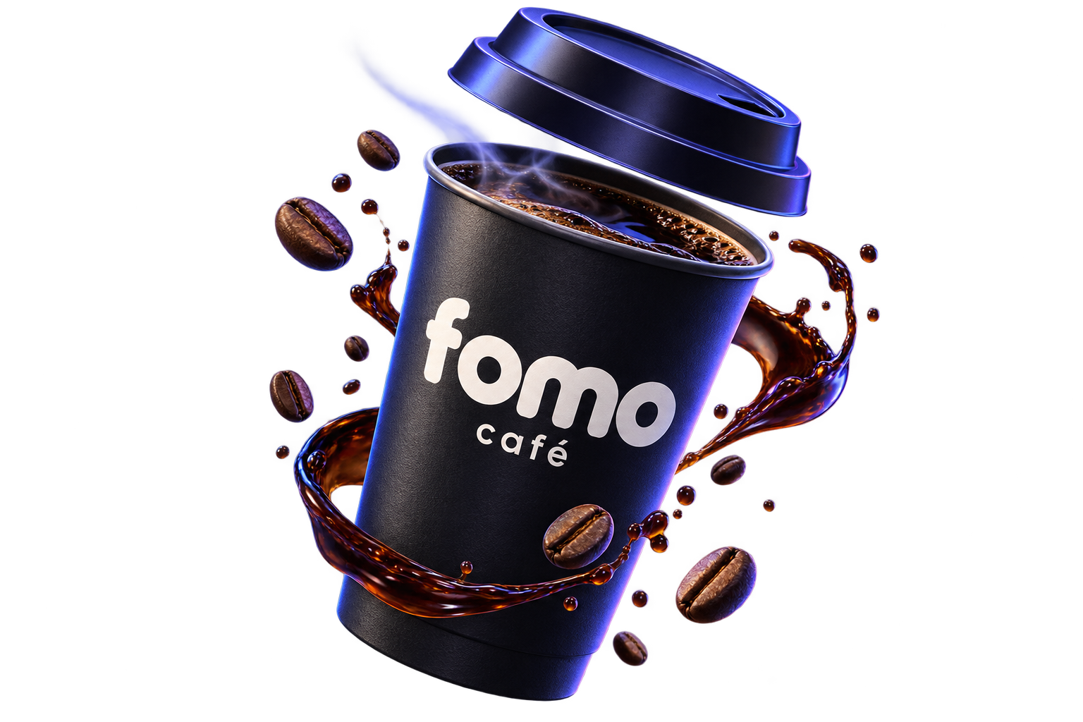 a floating fomo café coffee cup with its lid, coffee ribbon and beans in orbit